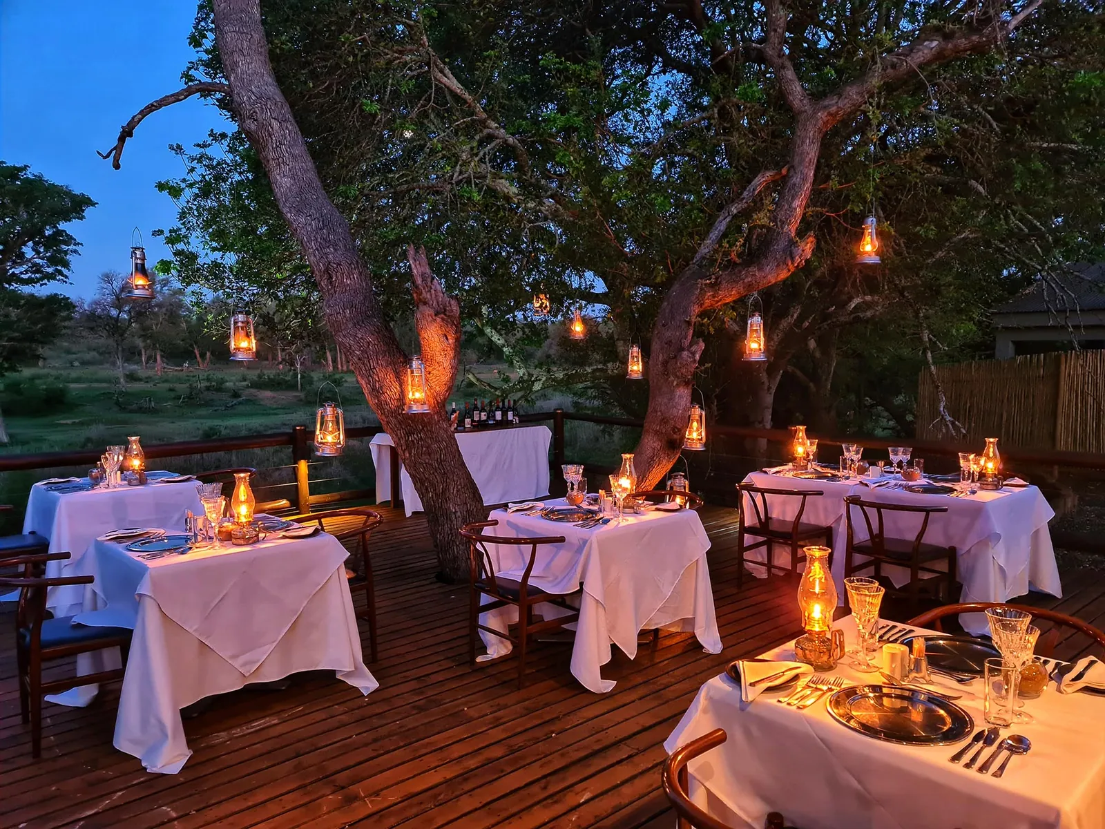 Lantern-lit outdoor dining beneath the trees at Becks Safari Lodge