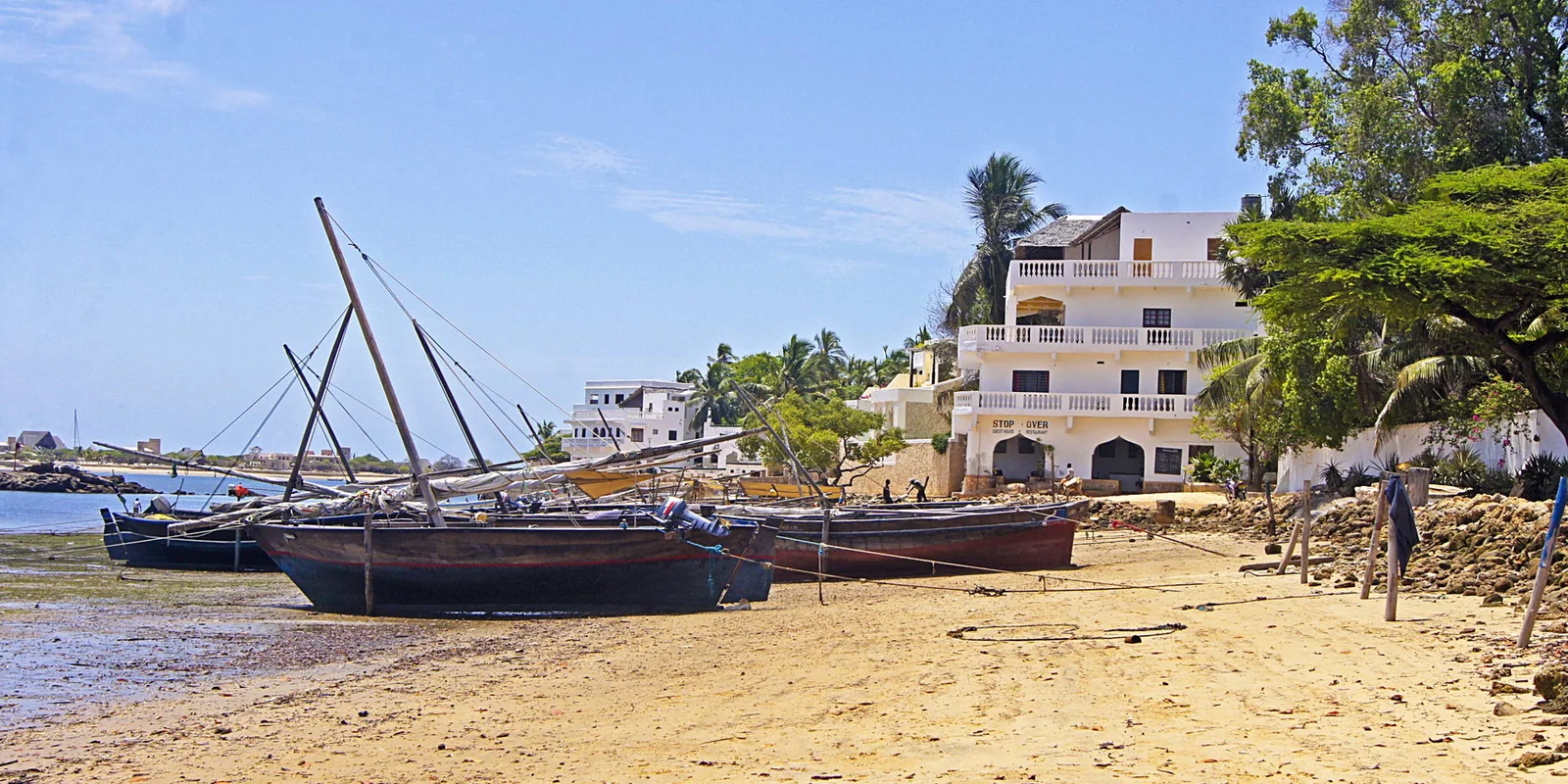 Traditional sailing dhows drawn up on the shore at Shela, Lamu