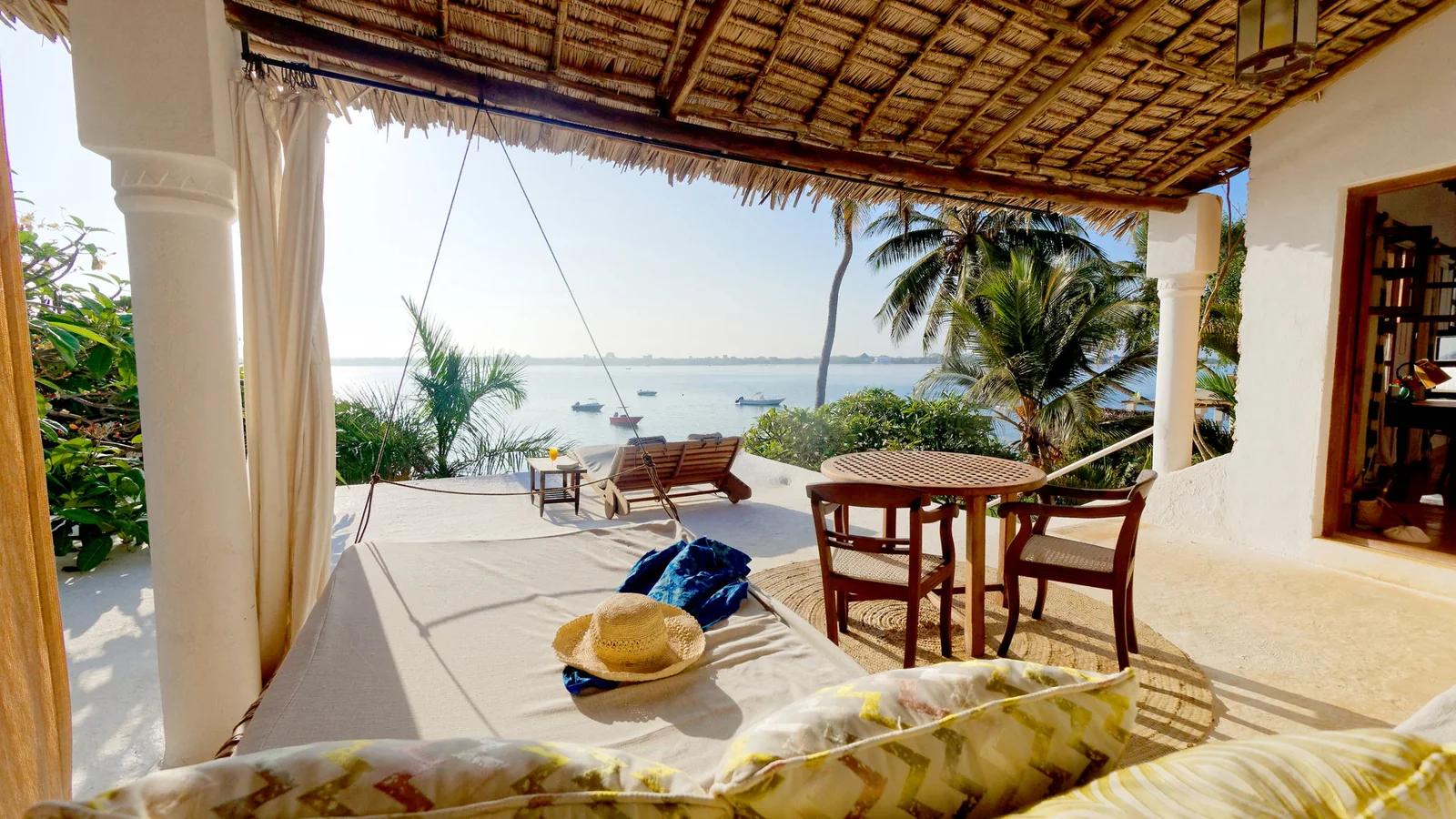 Shaded veranda at Peponi Hotel overlooking Lamu’s coastal landscape