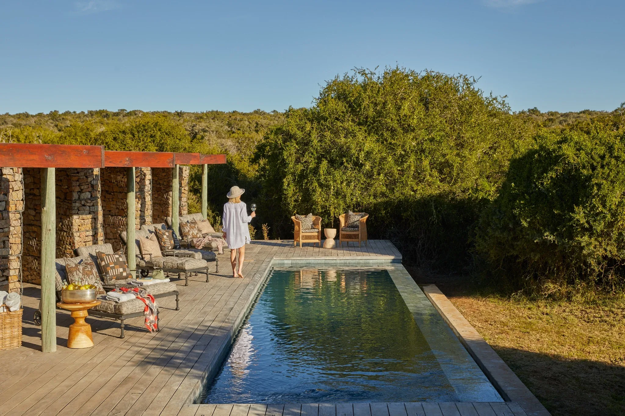 Private swimming pool and wooden deck at Kwandwe Ecca Lodge in South Africa