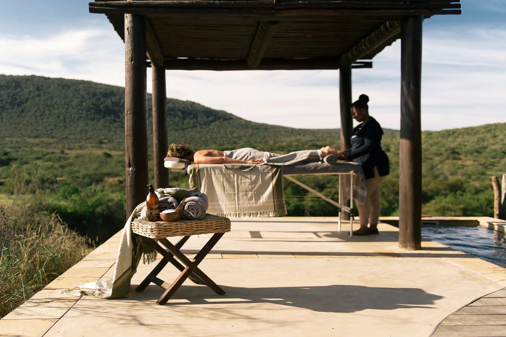 Outdoor wellness treatment overlooking Kwandwe Private Game Reserve