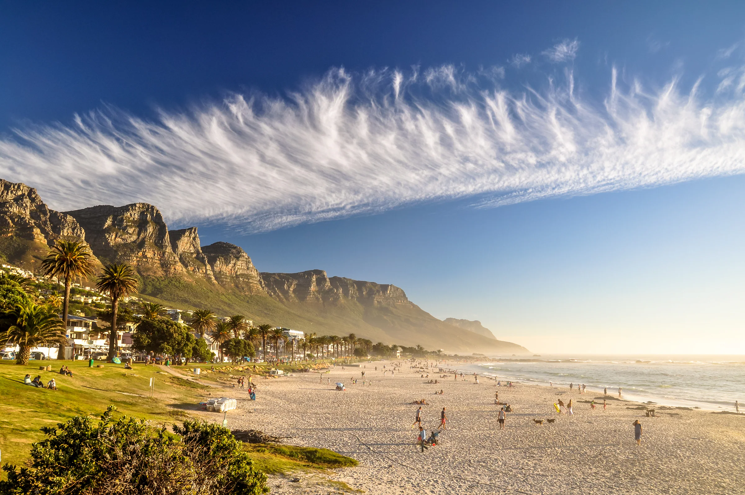 Camps Bay beach and the Twelve Apostles mountains in Cape Town, South Africa