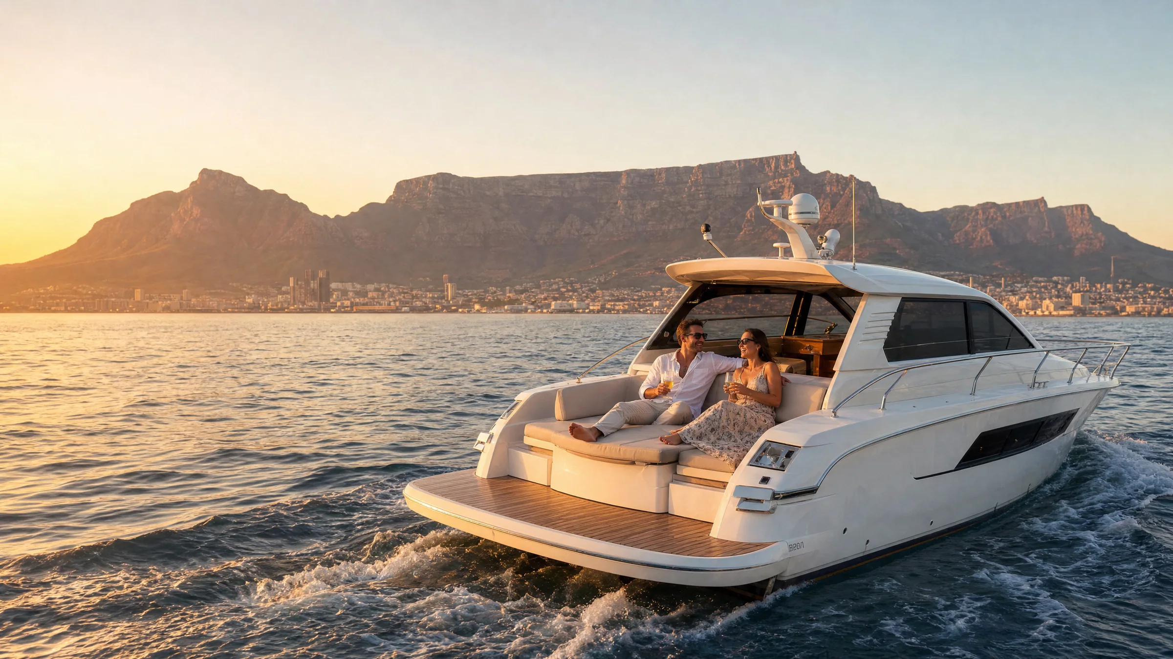 Private yacht cruising off Cape Town with Table Mountain at sunset