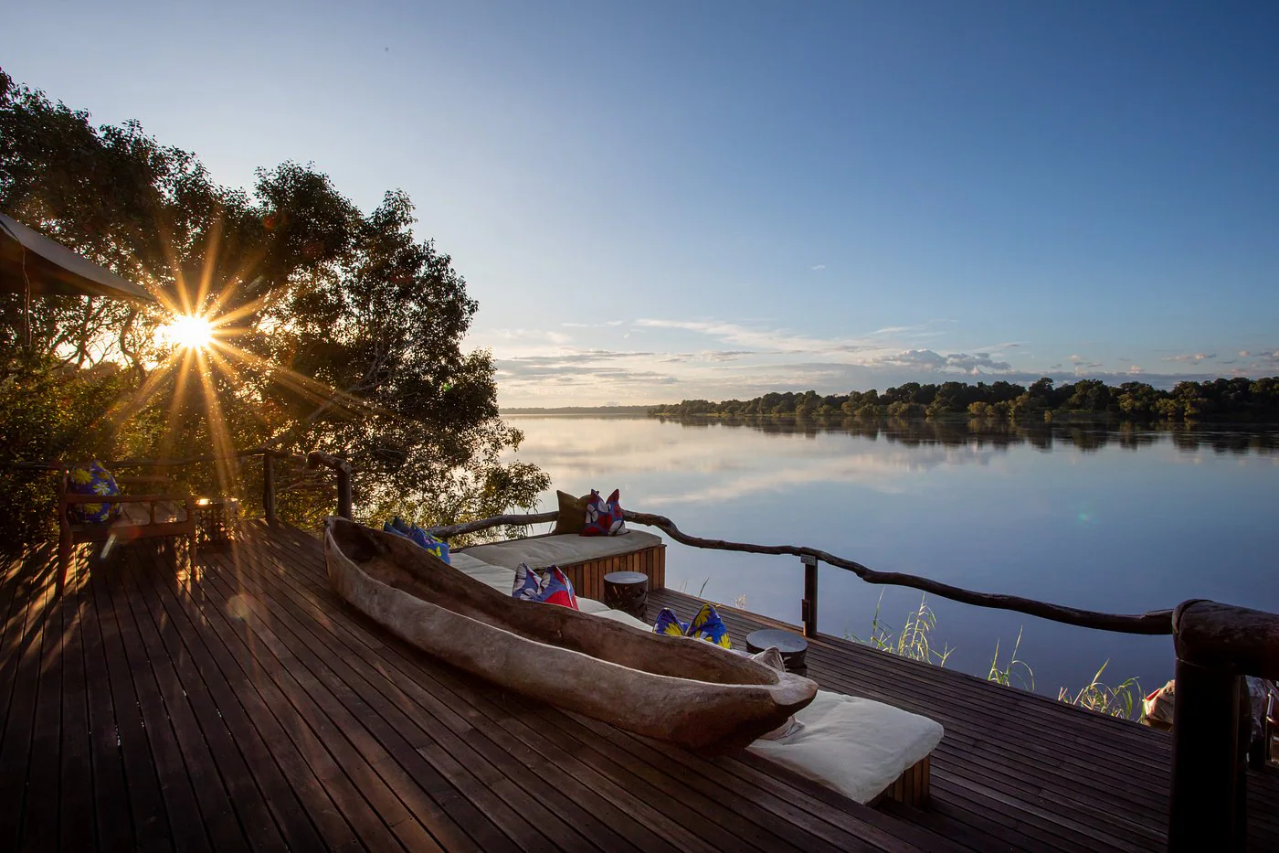 Riverside deck overlooking the Zambezi at Mukwa River Lodge in Livingstone, Zambia