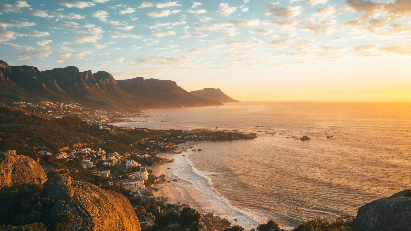 Camps Bay and the Twelve Apostles at sunset in Cape Town