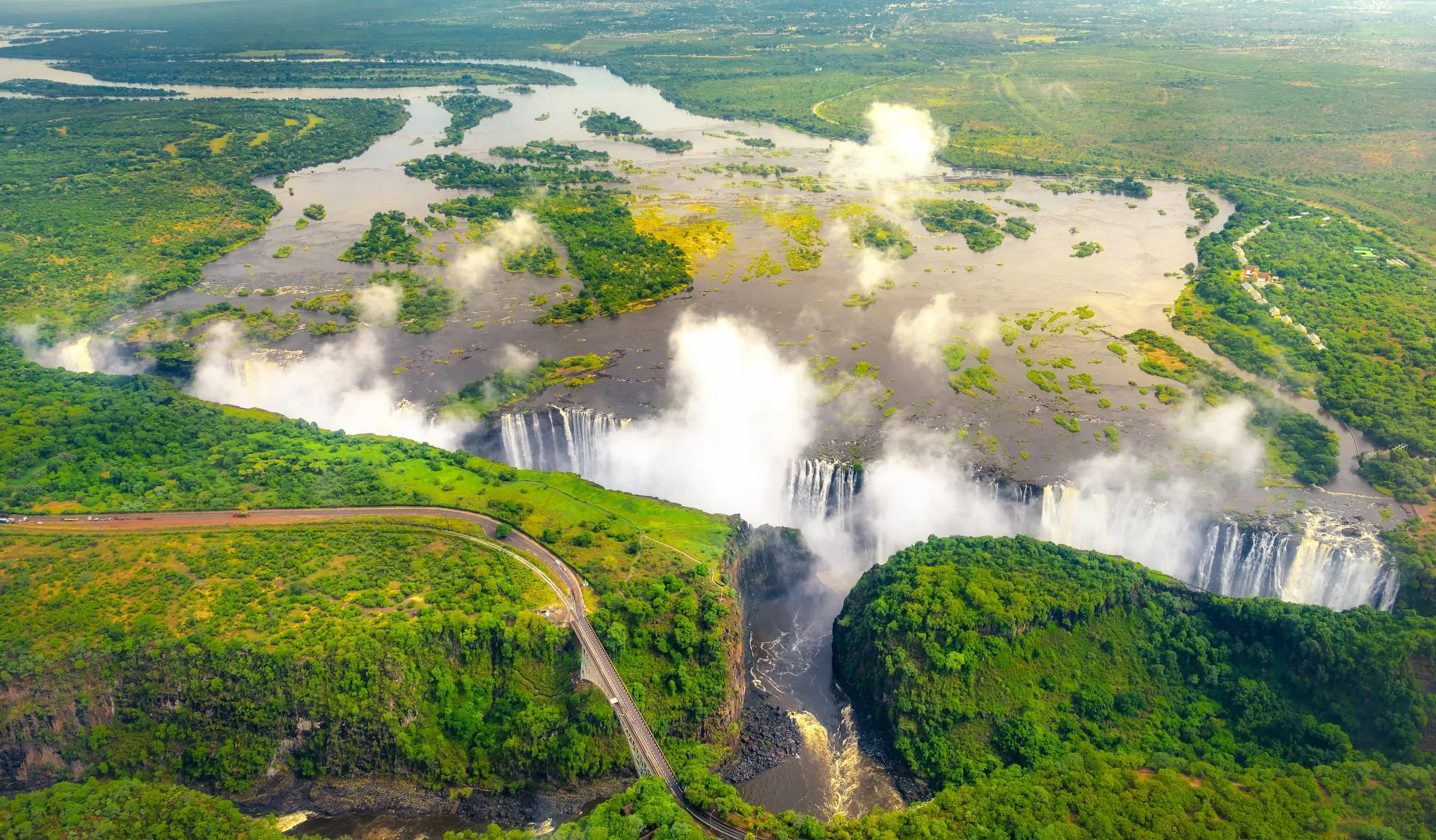 Aerial view of Victoria Falls and the surrounding river channels