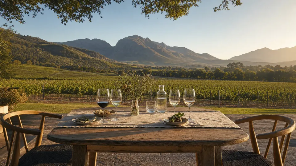 Wine tasting overlooking vineyards and mountains in Franschhoek